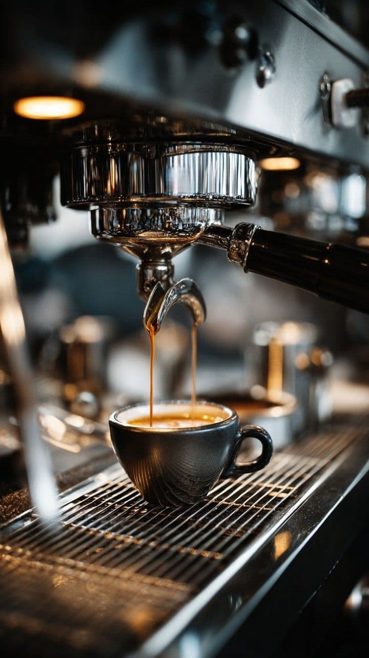 Rich espresso pouring from a machine into a dark ceramic cup