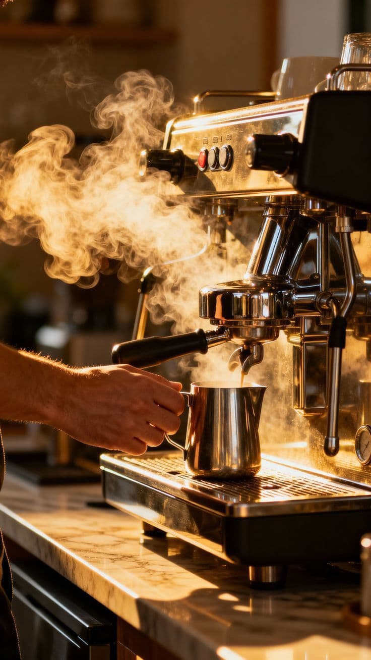 Barista steaming milk on a golden espresso machine in warm morning light