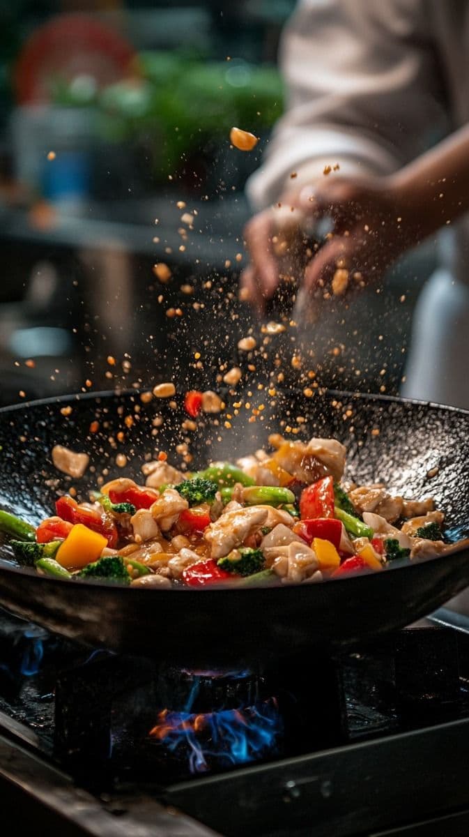 Chef tossing a colourful chicken and vegetable stir-fry in a wok over a blue flame